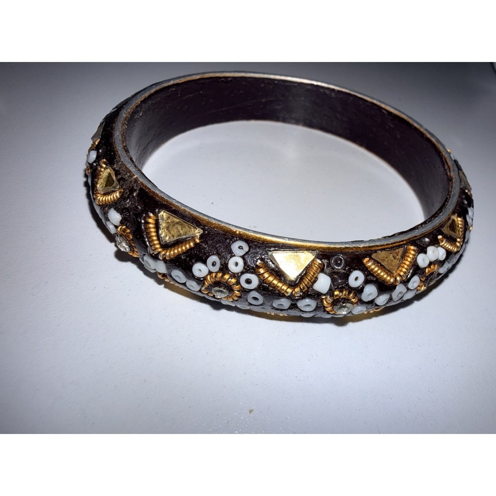 Bracelet Vintage‎ Indian Gold Mirror and White Bead Mosaic Bangle 8.5"